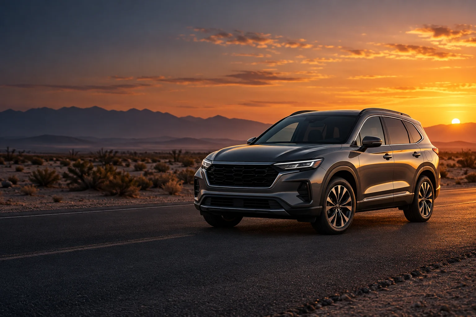 SUV en un camino del desierto al atardecer; imagen ilustrativa